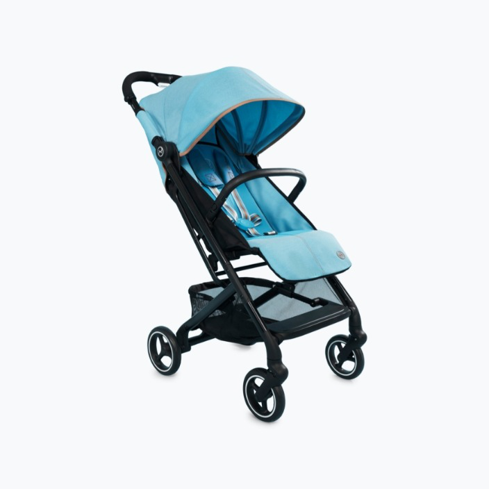 Blue stroller with black wheels and canopy.