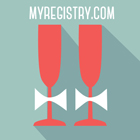 Illustration of two red champagne glasses with white bows on a gray background and the text MyRegistry.com written above them