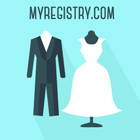 Illustration of a black groom suit next to a white wedding dress on a blue background with the text MyRegistry.com written above them