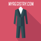 Illustration of a black groom suit on a red background with the text MyRegistry.com written above it