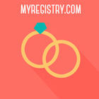 Illustration of two wedding bands, one with a diamond and one without, on an orange background with the text MyRegistry.com written above them