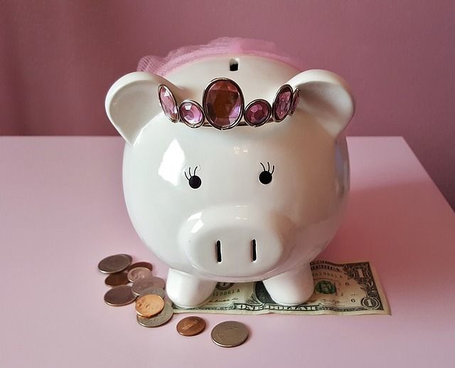 Best Baby Gear For Parents on a Budget, White piggy bank on top of a dollar on coins with a pink tiara and pink skirt.