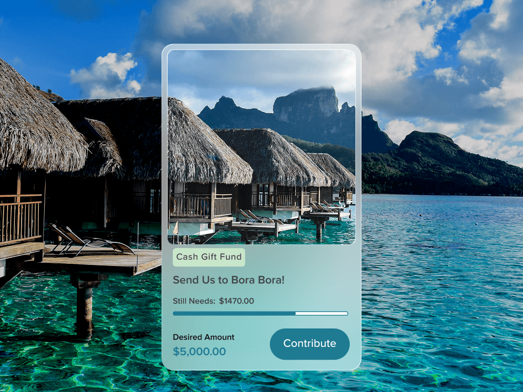 A Honeymoon Fund cash gift card over a couple on a beach