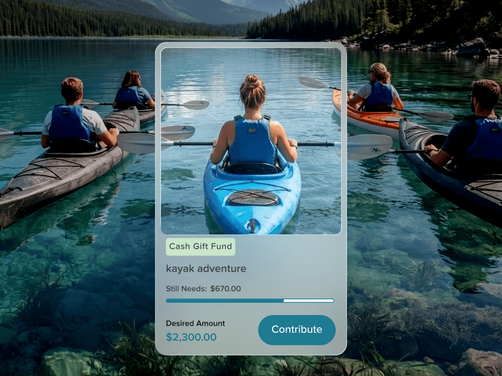 An Adventure Fund cash gift card over a kayak on open water