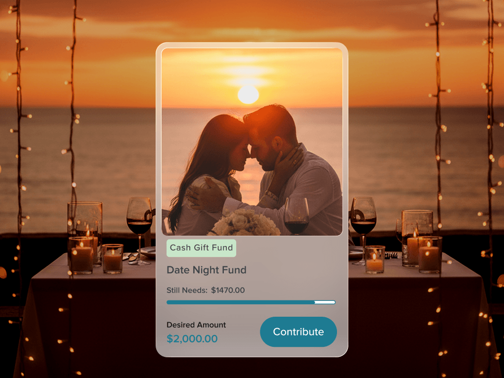 A couple embracing at a candlelit table at sunset, behind a MyRegistry date night fund card showing $1,470 still needed of a $2,000 goal