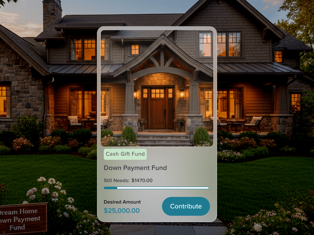 A craftsman home at dusk with lit windows, behind a MyRegistry down payment fund card showing $1,470 still needed of a $25,000 goal