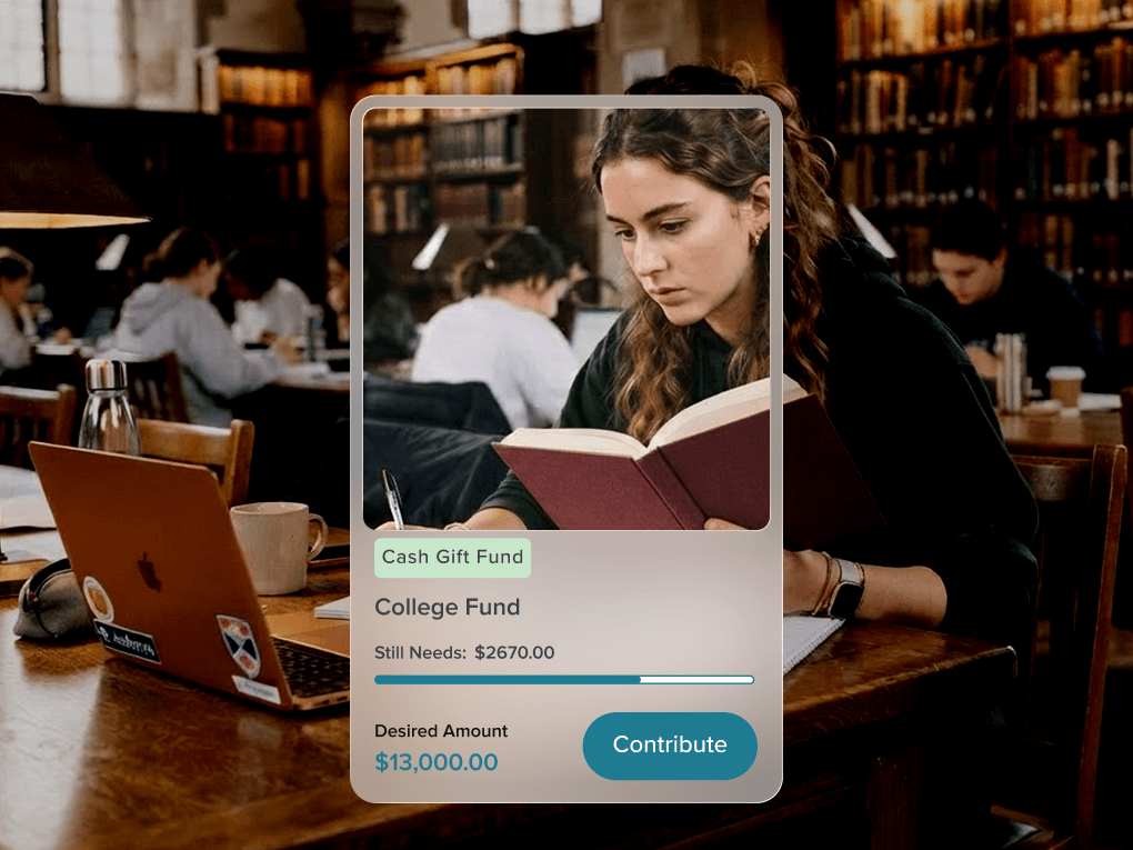 A College Fund cash gift card over a piggy bank and alphabet blocks