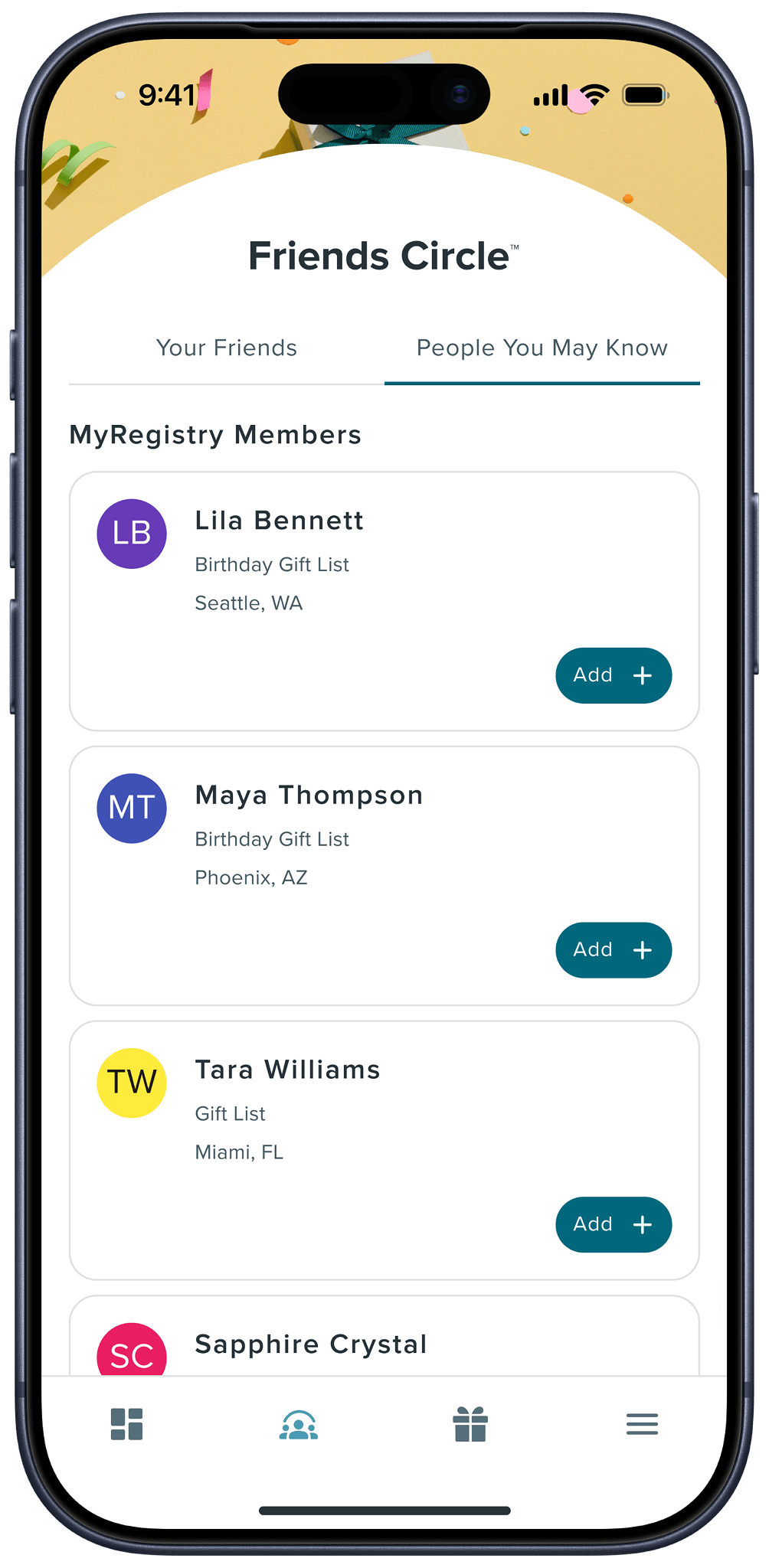 Nearby MyRegistry members the app suggests adding to your circle