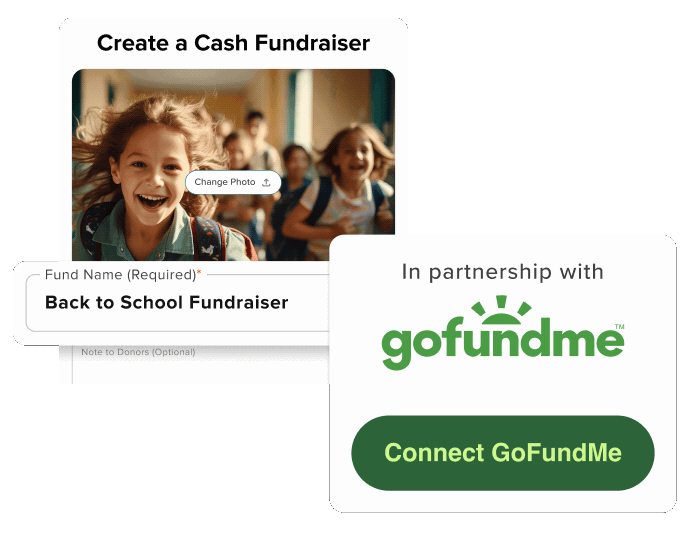 A Cash Fundraiser being created on a Giving List, alongside a card reading “In partnership with GoFundMe” and a Connect GoFundMe button