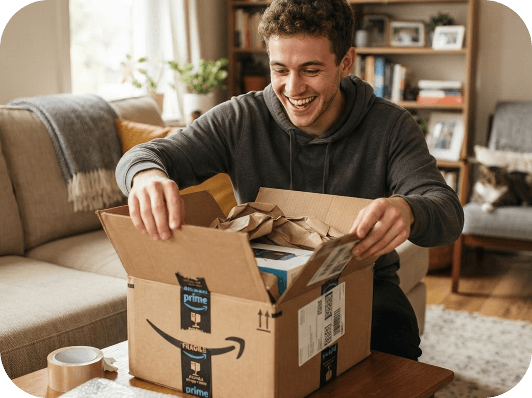Someone smiling as they open a delivered parcel at home