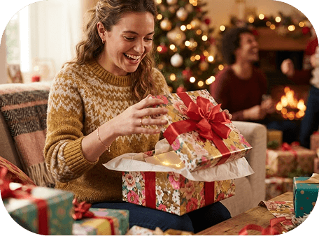 Someone opening a wrapped present beside a decorated holiday tree
