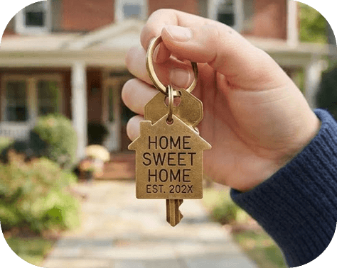 A hand holding a house-shaped keyring in front of a new home